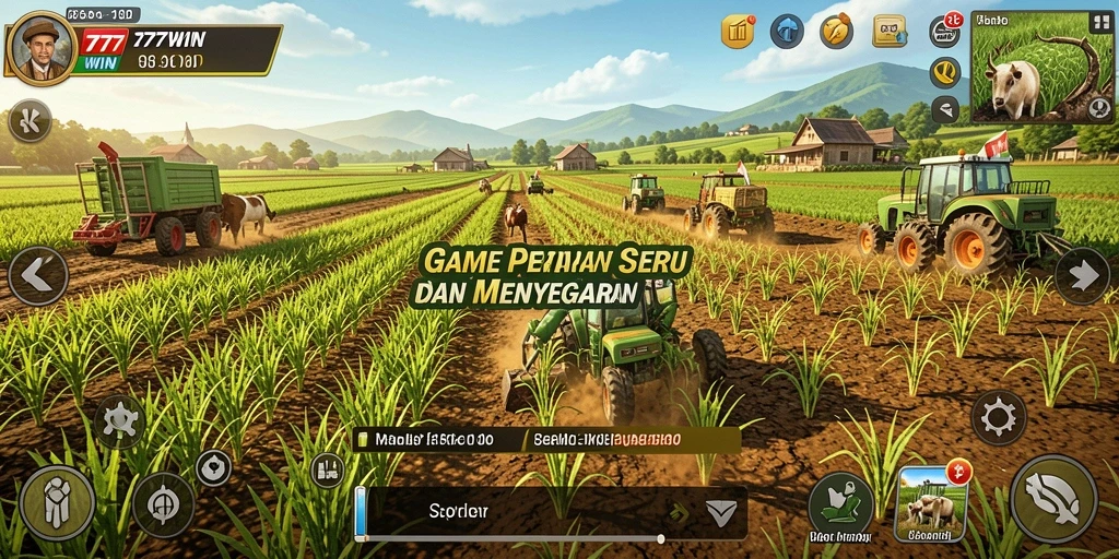 Screenshot gameplay 777WIN menampilkan ladang yang subur dan karakter yang berinteraksi.
