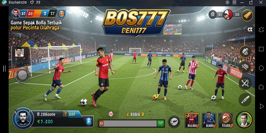 Screenshot permainan utama <strong>BOS777</strong> saat aksi mencetak gol di lapangan.