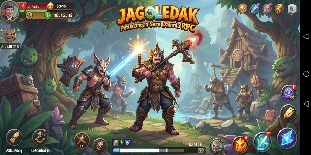 Screenshot utama JAGOLEDAK menampilkan aksi seru dalam pertarungan RPG.